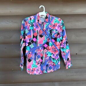 Vtg 90s Wrangler Western Shirt Sz S/M Abstract Floral Geometric Print